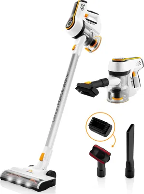 A cordless vacuum cleaner and its accessories are displayed against a white background.