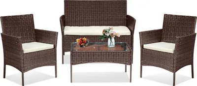Immagine prodotto di Aopunly set di mobili da giardino 4 pezzi, mobili da balcone con cuscini, set da balcone in polyrattan con poltrona e tavolo, gruppo di sedute mobili da patio mobili in rattan per balcone, giardino, veranda, marrone