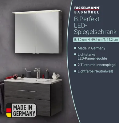 A bathroom vanity with a mirror cabinet above it, presented in a promotional image with text details.