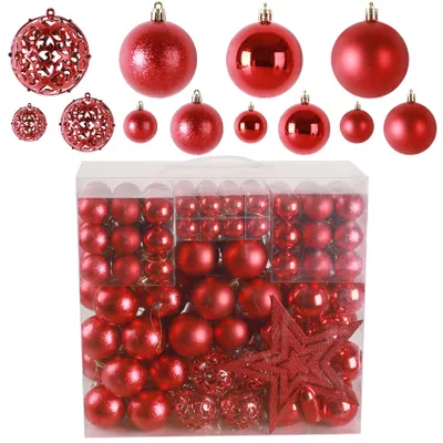 Produktbild von 139er Set Weihnachtskugeln Rot, Christbaumkugeln Kunststoff, Christbaumschmuck mit Baumkronensterne Weihnachten Deko Kugeln für Innen-/Außenbereich