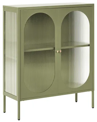 Produktbild von BELIANI Glasvitrine Metallschrank Grün Stahl 90 x 35 x 111 cm mit 2 Türen Glasfront und -seiten geräumig Wohnzimmermöbel Retro Still