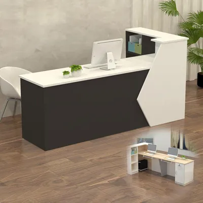 Obrázok produktu pre Pult pre recepciu, predajný pult, drevený s úložným priestorom, 300x60x100 cm, biela/čierna