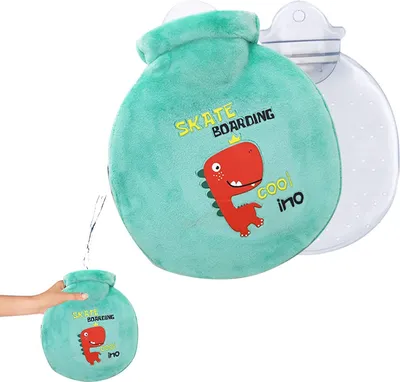 Produktbild von Wärmflasche Kinder,Wärmflasche mit Bezug,Wärmeflasche,Wärmflasche mit waschbare Strickflaschenabdeckung,Die BestenWeihnachten & Wintergeschenke (Hellgrün-roter Dinosaurier)