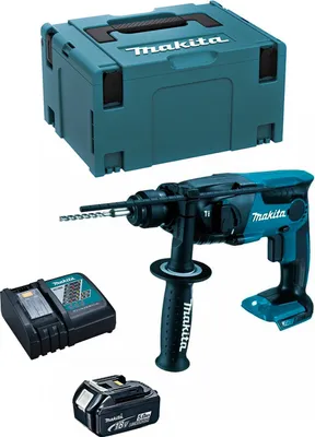 A cordless rotary hammer drill with accessories and a case.