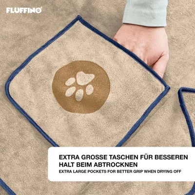 Immagine prodotto di Asciugamano per cani FLUFFINO® in microfibra – Confezione da 4 (2x 90 x 50 cm + 2x 120 x 70 cm) - Beige e blu