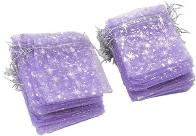 Image de Sacs cadeaux en organza, motif étoiles, transparents, lot de 100, fabriqués à la main, avec cordon de serrage.