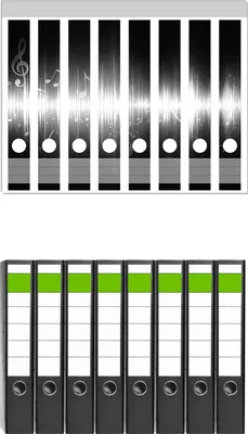 Produktbild von Wallario 8 Stück schmale Ordner inkl. Klebeetiketten mit Motive Noten der Musik in schwarz und weiß -  Set mit Rückenschildern / Ordnerrücken Stickern
