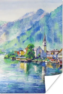 Produktbild von MuchoWow® Poster Gemälde - Ölfarbe - Haus - Berge - Wasser 60x90 cm - Wanddekoration