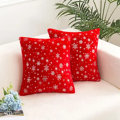 Produktbild von 2er Set Plüsch Kissenbezug 45 x 45 cm Silber Schneeflocke Dekokissen Kissenhülle, Rot