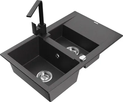 Produktbild von Mexen Gaspar 1,5-Becken-Granitspüle mit Abtropffläche und Mischbatterie Rita, Schwarz gesprenkelt - 6507-76-670300-70