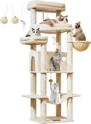 Obrázek produktu pro Kočičí strom 180 cm, velký, extra velký (XXL), stabilní, vhodný pro kočky Maine Coon, s kočičím domkem, houpací sítí, velkou plošinou, 9 sloupky na škrábání, košíkem, barva: béžová, model: MS034M
