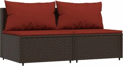 Image de vidaXL Canapé central de jardin avec coussins 2 pcs. Marron Poly Rattan