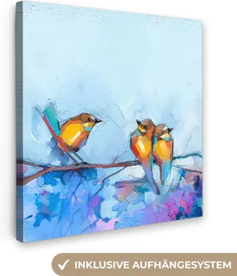 Produktbild von MuchoWow® - Leinwandbilder - Gemälde - Ölfarbe - Vogel - Zweig, Wandbild, Wanddeko Bilder Wohnzimmer, 20x20cm