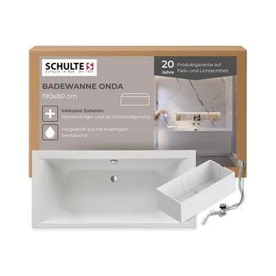 A product box for a bathtub, showing the bathtub itself and some of its features.