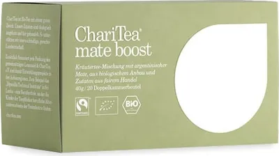 Produktbild von ChariTea mate boost, 40 g, Orange, Pfefferminz, 2 g, Mate-Tee*(54,25%), Schwarzer Tee*(20%), Zitronenverbene* (15%), Pfefferminze*(8%),..., EEC 834/2007, DE-ÖKO-001, EEC 834/2007, 20 Stück(e)