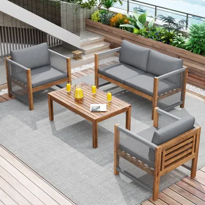 Zdjęcie produktu dla Zestaw mebli ogrodowych, 4-częściowa sofa ogrodowa, zestaw wypoczynkowy na taras składający się z dwuosobowej sofy, 2 foteli i stolika, imitacja rattanu, akacja, kolor szary