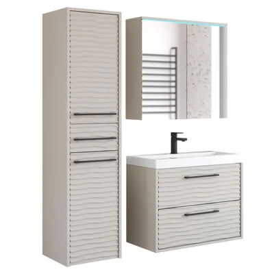 Immagine prodotto di MINIO go for it, Set di mobili da bagno YUKO 1,  3 pezzi, grande pensile, armadio a specchio, armadio con lavabo, beige cashmere/cashmere MDF motivo a onde