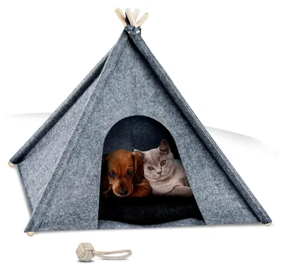 Produktbild von Gemütliche Hundehöhle und Katzenhöhle - Angenehme Indoor Hundehütte aus Filz - Hundezelt mit weichem Kissen und Anti-Milben-Bezug - Für Balkon, Garten und Wohnzimmer - Inkl. Spielzeug (Größe S)