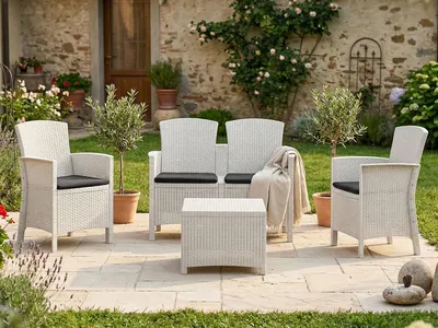 Immagine prodotto di Dmora set Salotto da Esterno Asiak Bianco, 4 Posti Antiurto, Waterproof, 100% Resina Riciclabile, Lavabile  Italy