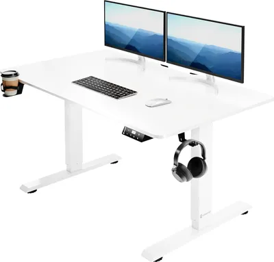 Image de Casaria Bureau réglable en hauteur électrique Blanc 110cm bureau assis debout écran LCD support accessoires télétravail