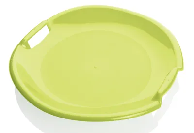 A single green plastic sled on a white background.