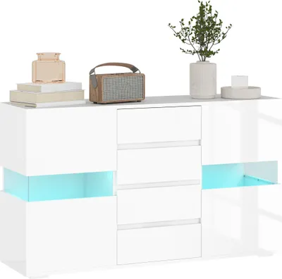Produktbild von HOMCOM Modernes Sideboard mit verstellbarem LED-Licht mit Fernbedienung, Wohnzimmermöbel mit 4 Schubladen und 2 Schränken, 120 x 34 x 70 cm, weiß