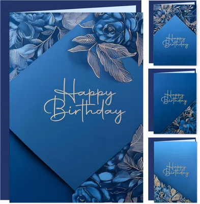 Productafbeelding van Verjaardagskaarten - Set van 12 - Set blauwe vouwkaarten met enveloppen - 4 elegante designs - Hoogwaardige kwaliteit