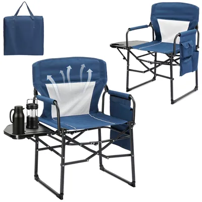 Immagine prodotto di FCH Sedia da campeggio pieghevole con schienale, tasche laterali, sedia da giardino pieghevole Sedia da spiaggia con struttura in metallo, blu