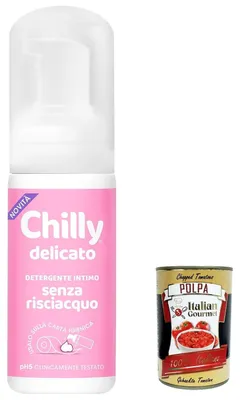 Produktbild von 6x Chilly Senza Risciacquo, Delicato Intimreiniger ohne Ausspülen, zur Verwendung außerhalb des Hauses auf Toilettenpapier, pH5-Mousse-Formel 100 ml + Italian Gourmet polpa 400g