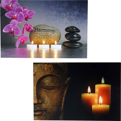 Produktbild von 2er-Set LED-Bild Leinwandbild Leuchtbild Wandbild 40x60cm, Timer  Buddha + flackernd
