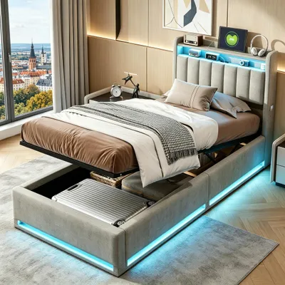 Obrázek produktu pro Čalouněná postel INONEFT 90 × 200 cm s úložným prostorem, hydraulická postel s matrací typu boxspring s LED osvětlením a USB, jednolůžko s dřevěným roštem a sametovým potahem, šedá