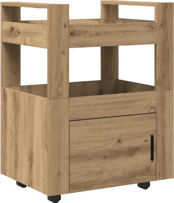 A wooden kitchen trolley with a door and shelves.
