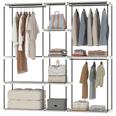 Produktbild von Kleiderschrank 182 x 43 x 185 cm, offener Kleiderschrank mit 8 Stoffregalen, Kleiderstangen, hellgraues Metallgestell