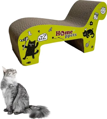 A cat scratching post shaped like a lounge chair, with cartoon cat illustrations and text, is shown next to a real cat.