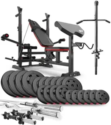 Produktbild von Hop-Sport multifunktionale Hantelbank HS-1075 - mit Curlpult und Latzug - inkl. 105 KG Hantelset Lang-, Curl- & Kurzhantelstange, Gewichte