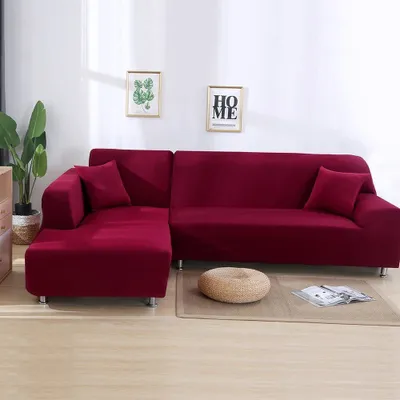 Produktbild von ele ELEOPTION Sofahusse Sofabezug Stretchhusse 2er Set 3 Sitzer für L Form Sofa inkl. 2 Stücke Kissenbezug Weinrot