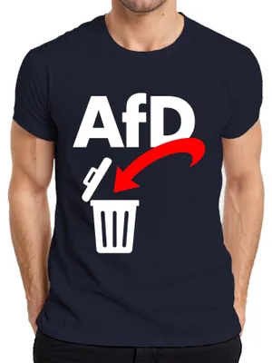 Zdjęcie produktu dla Koszulka męska "NoAfD", kolor granatowy, rozmiar XL. Napis: "AfD do śmieci. Polityka antyprawicowa." (Styl: sarkastyczny)