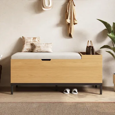 Immagine prodotto di Panca per scarpe Sweiko, panca portaoggetti, mobile per sedersi, contenitore pieghevole e poggiapiedi Colore: naturale Dimensioni (L×A×P): 115 × 49,5× 40 cm.