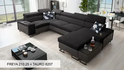 Produktbild von Moderne Wohnlandschaft U-Form Ecksofa MELODIE IV MAXI mit Schlaffunktion SCHWARZ FREYA 210.25 + TAURO 8207