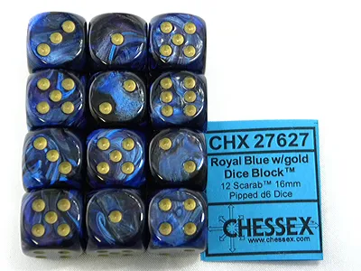 Produktbild von Chessex Scarab Royal Blue/Gold D6 16mm Würfel Set 12 Stück