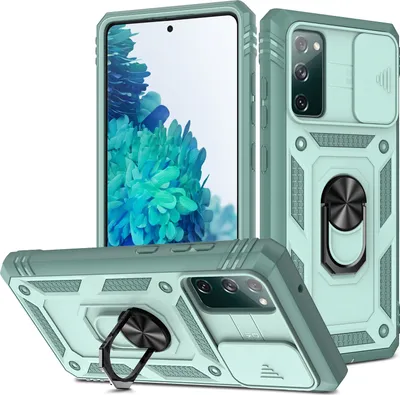 Produktbild von Galaxy S20 FE Hülle, Schiebe Kamera Schutz Robust Rüstung Stoßfest Schutzhülle mit Ringhalterung Ständer Kartenhalter für Samsung Galaxy S20 FE / S20 FE 5G Rot