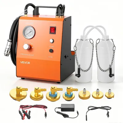 Zdjęcie produktu dla Zestaw do odpowietrzania układu hamulcowego VEVOR, automatyczne urządzenie do odpowietrzania płynu hamulcowego, wyposażone w 7 adapterów do głównych cylindrów hamulcowych, dwa zasilacze, pompę do odpowietrzania z regulacją ciśnienia hamulcowego od 0,6 do 3 bar, przeznaczone do wielu samochodów osobowych