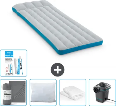 Produktbild von Intex Campingmatte – Französisches Bett – 72 x 189 x 20 cm – Blau – im Lieferumfang enthalten Spannbettuch - Küssen - Pumpe - Reperaturset en Kissenschutz