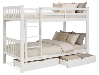Image de Lit superposé 90x200 cm avec Rangement en Bois Blanc Lit mezzanine Lit enfant avec échelle Deux lits simples superposés
