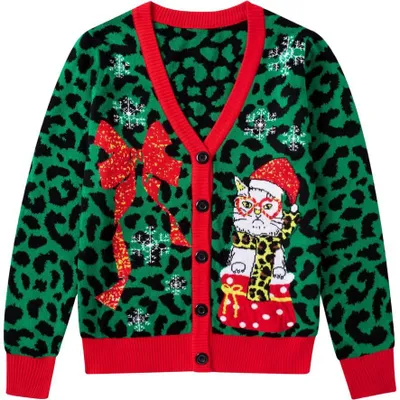 Produktbild von Damen-Kordigan Pullover Weihnachtlich Strickjacke Knopfleiste Winter Lustig Grün XL