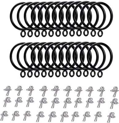 Image de Lot d'anneaux et de crochets pour rideaux - 24 anneaux noirs avec 30 crochets métalliques - Diamètre intérieur : 38 mm