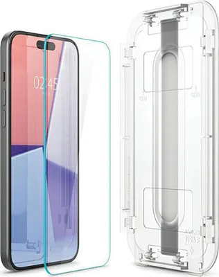 A screen protector and its installation guide are shown next to a smartphone.