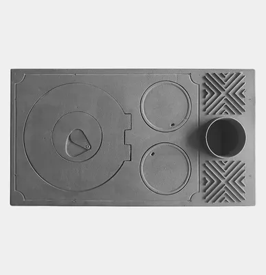 A top-down view of a cast iron stove top with burners and a flue.