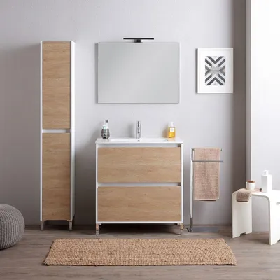 Immagine prodotto di Mobile con lavabo a terra 100 cm bianco con frontale rovere | Laguna