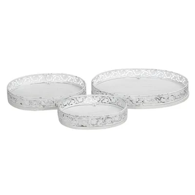 Produktbild von 3tlg. Ovales Tablett ROSALIE weiß aus Holz mit Metallrand shabby chic (3 Größen)